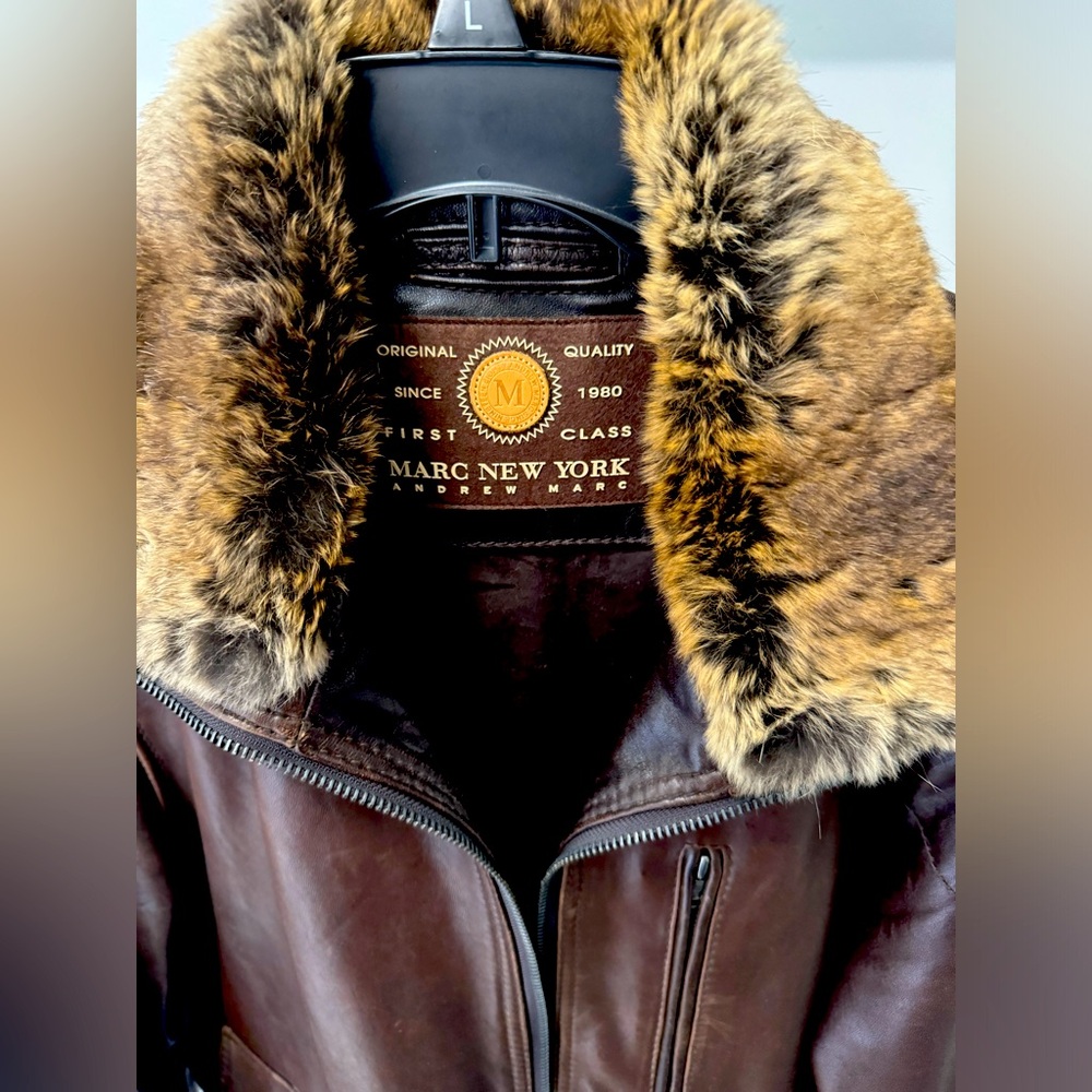 Marc New York First Class Brown Leather Jacket with removable collar